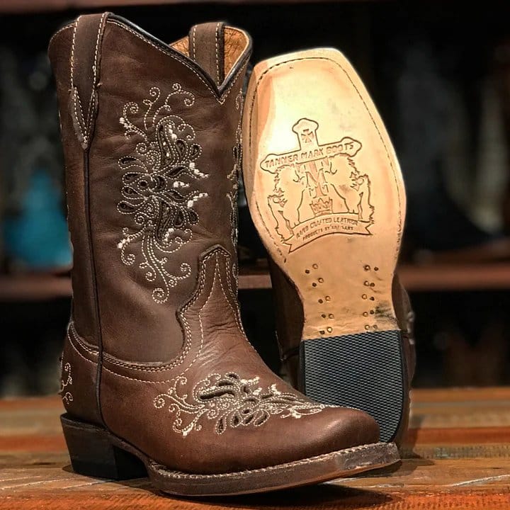 Tanner Mark Boots Boots Girl's Pasadena Genuine Leather Square Toe Boots in Chocolate - Tanner Mark Boots