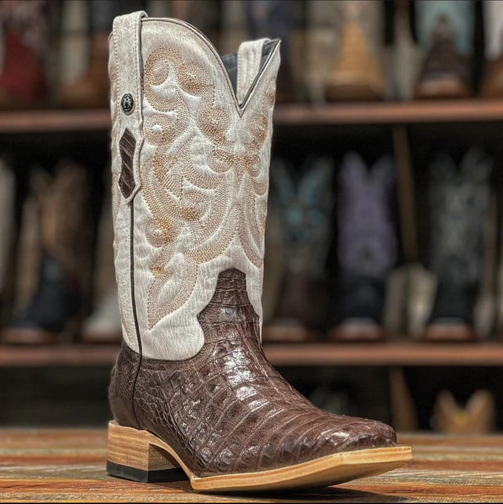Tanner Mark Boots Boots Men's Genuine Caiman Belly Square Toe Boots in Brown - Tanner Mark Boots