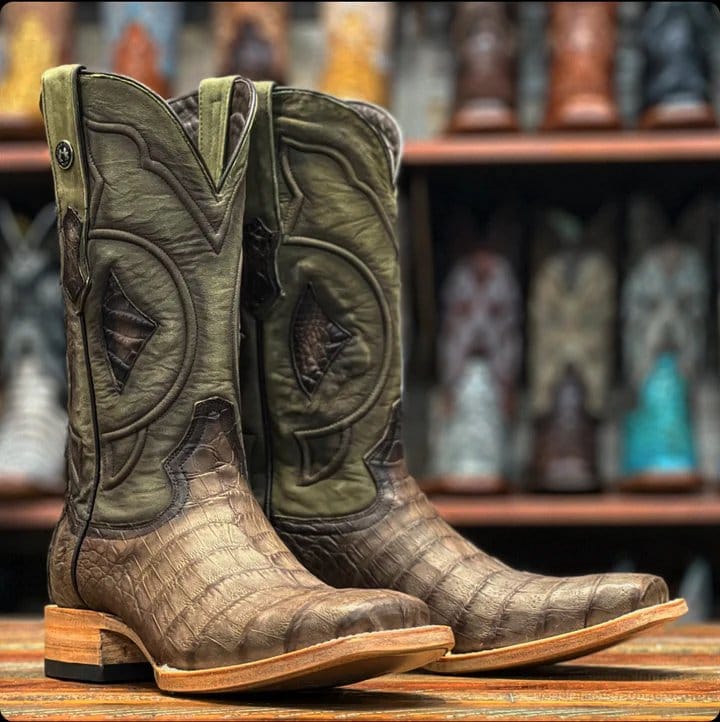 Tanner Mark Boots Boots Men's Genuine Caiman Belly Square Toe Boots in Savage Brown - Tanner Mark Boots