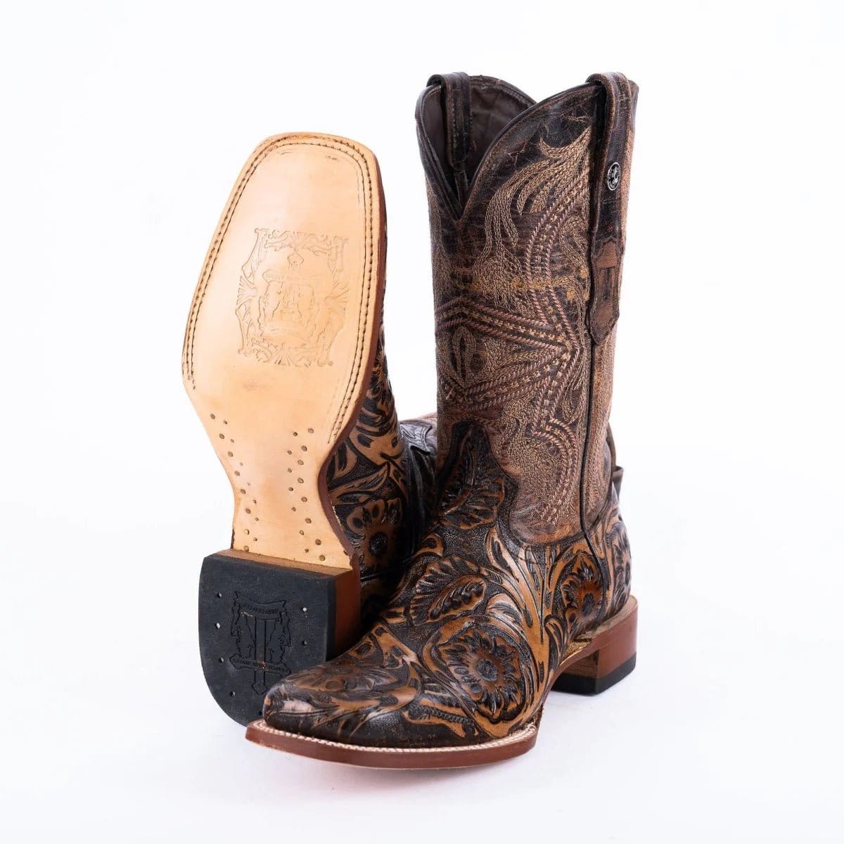 Tanner Mark Boots Boots Men's Genuine Hand Tooled Leather Square Toe Boots in Dark Brown - Tanner Mark Boots