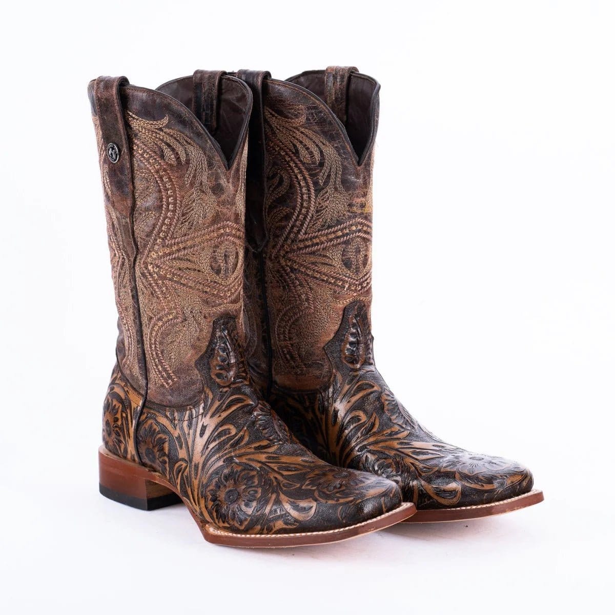 Tanner Mark Boots Boots Men's Genuine Hand Tooled Leather Square Toe Boots in Dark Brown - Tanner Mark Boots