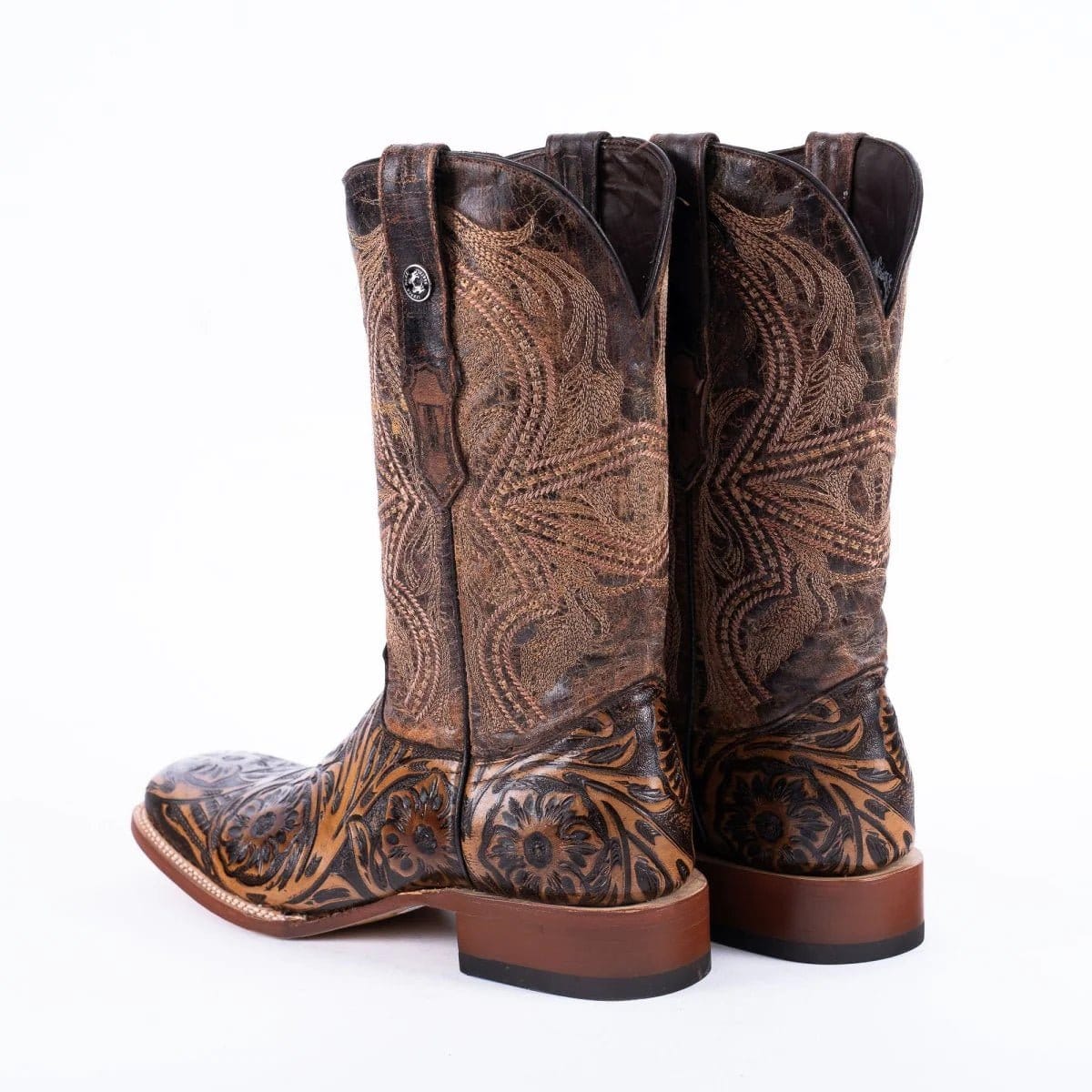 Tanner Mark Boots Boots Men's Genuine Hand Tooled Leather Square Toe Boots in Dark Brown - Tanner Mark Boots