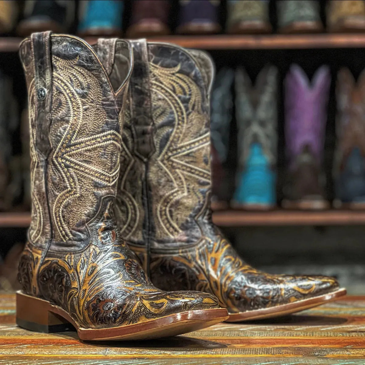 Tanner Mark Boots Boots Men's Genuine Hand Tooled Leather Square Toe Boots in Dark Brown - Tanner Mark Boots