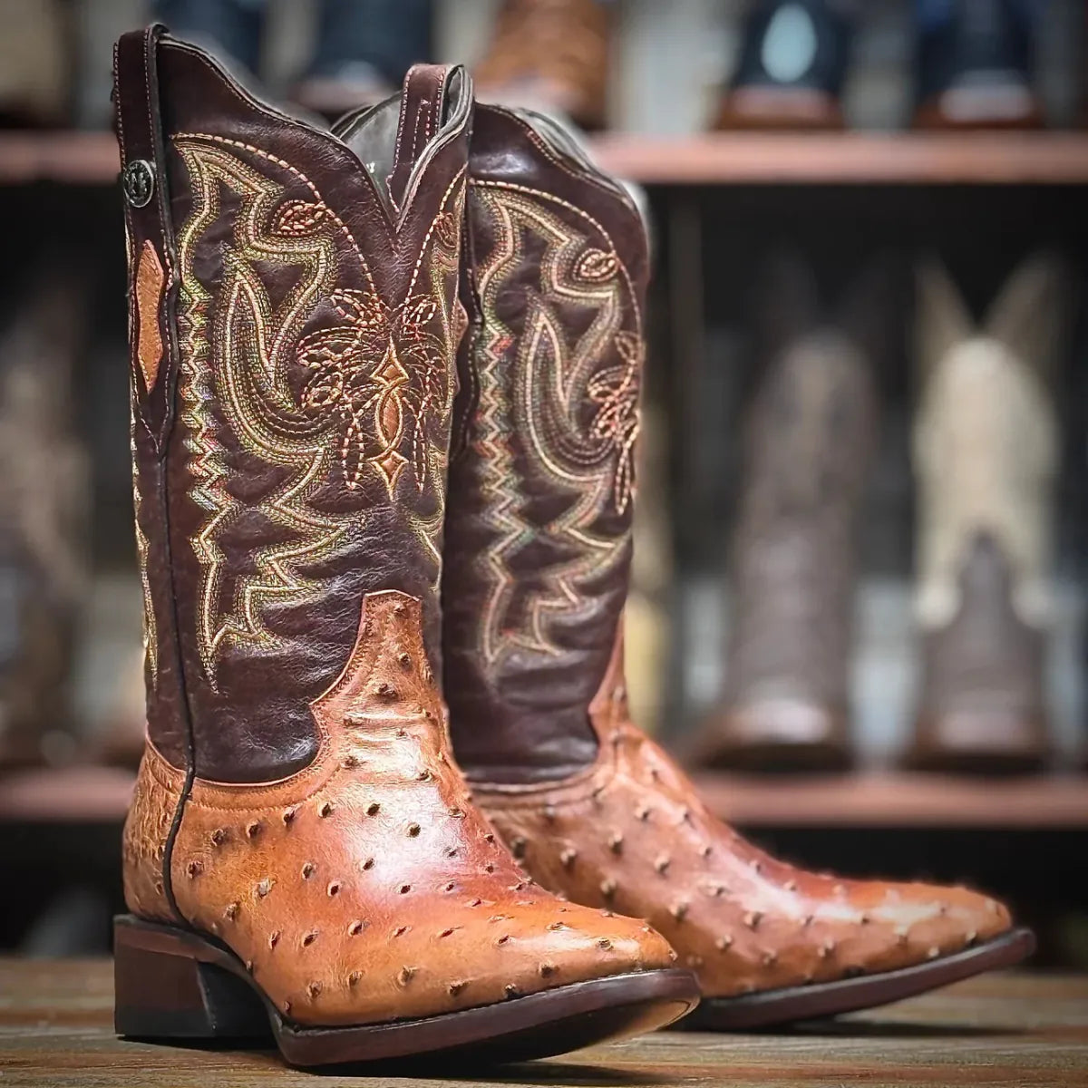 Tanner Mark Boots Boots Men's Genuine Ostrich Round Toe Boots in Brandy Cognac - Tanner Mark Boots