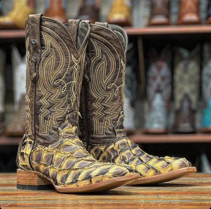 Tanner Mark Boots Boots Men's Genuine Piraruccu Wide Square Toe Boots in Matte Toasted Beige - Tanner Mark Boots