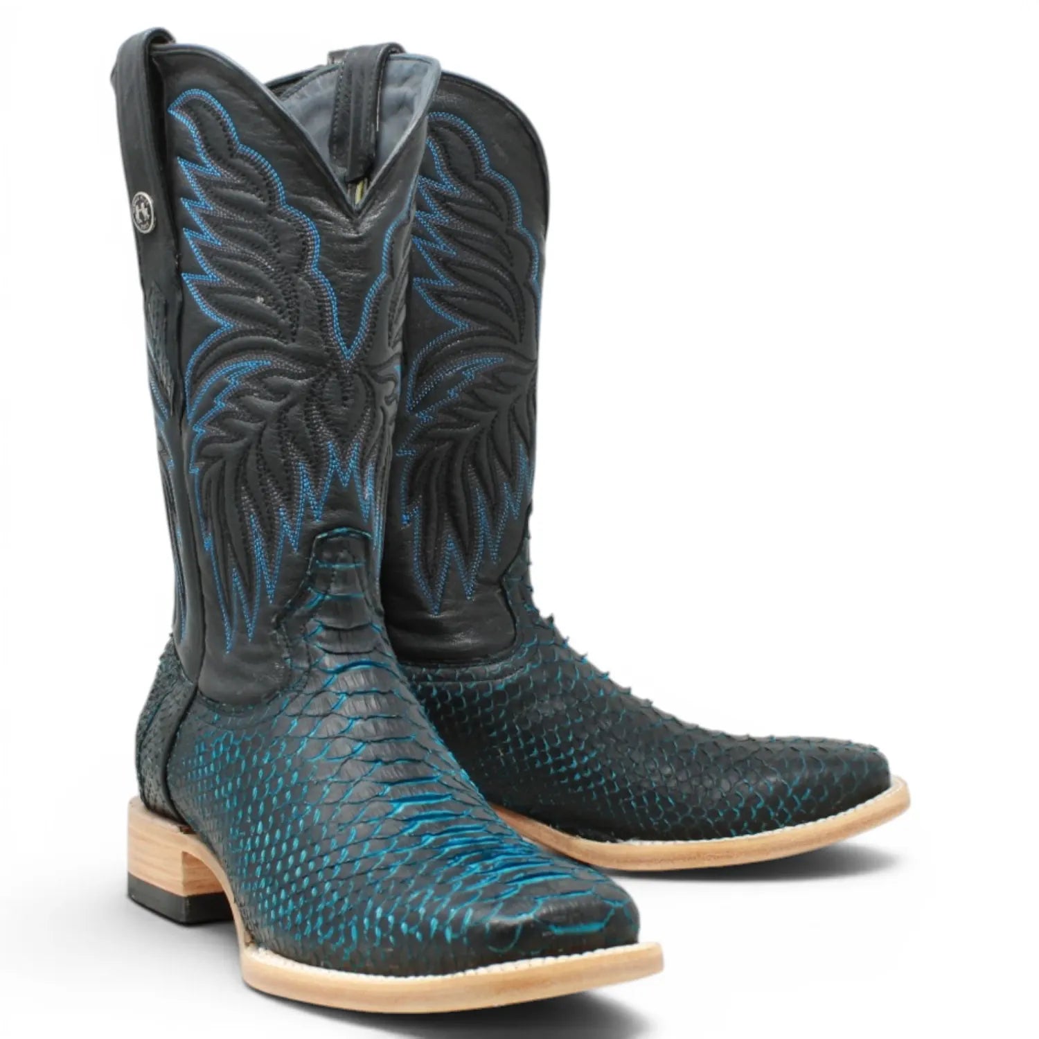 Tanner Mark Boots Boots Men's Genuine Python Square Toe Boots in Blue with Black - Tanner Mark Boots