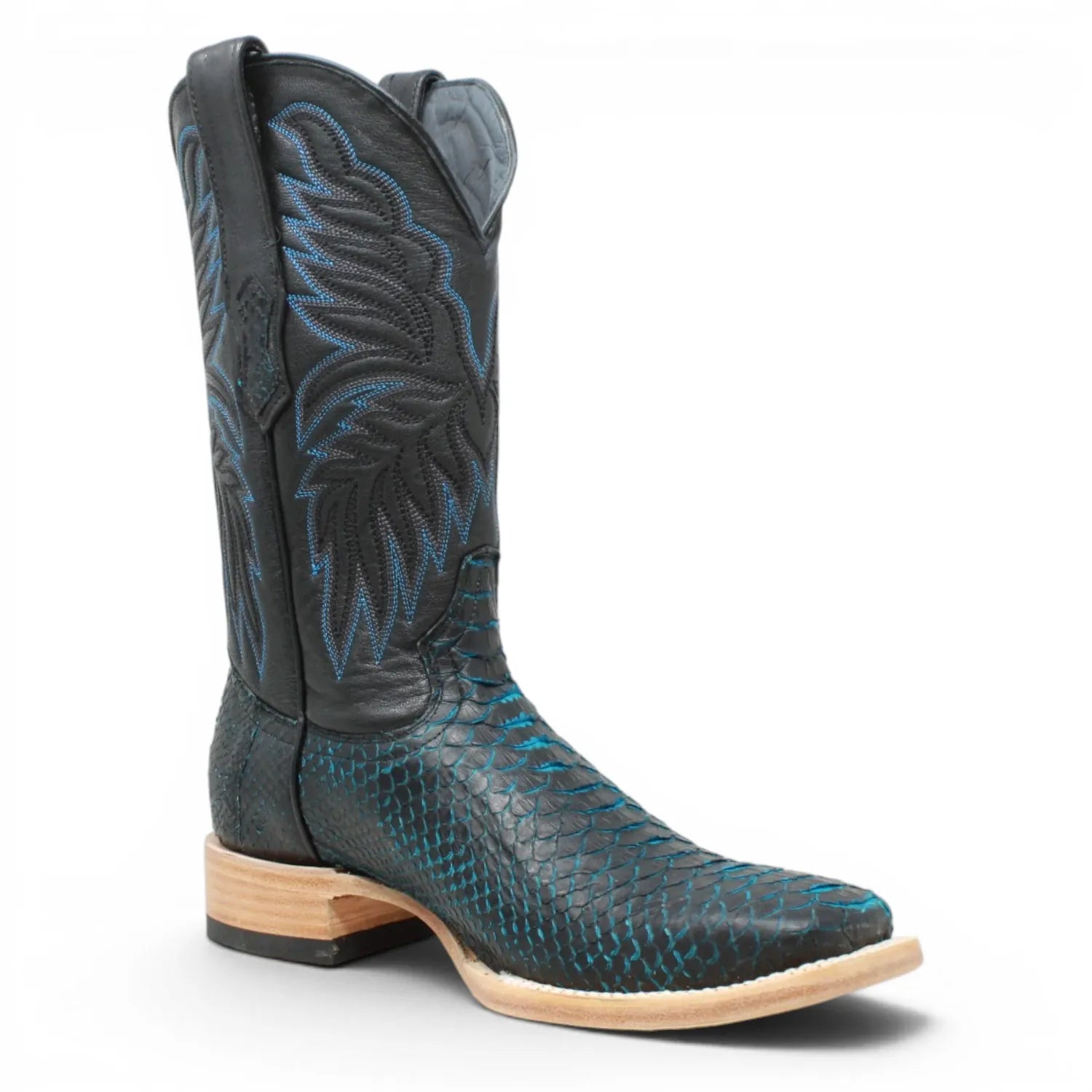 Tanner Mark Boots Boots Men's Genuine Python Square Toe Boots in Blue with Black - Tanner Mark Boots
