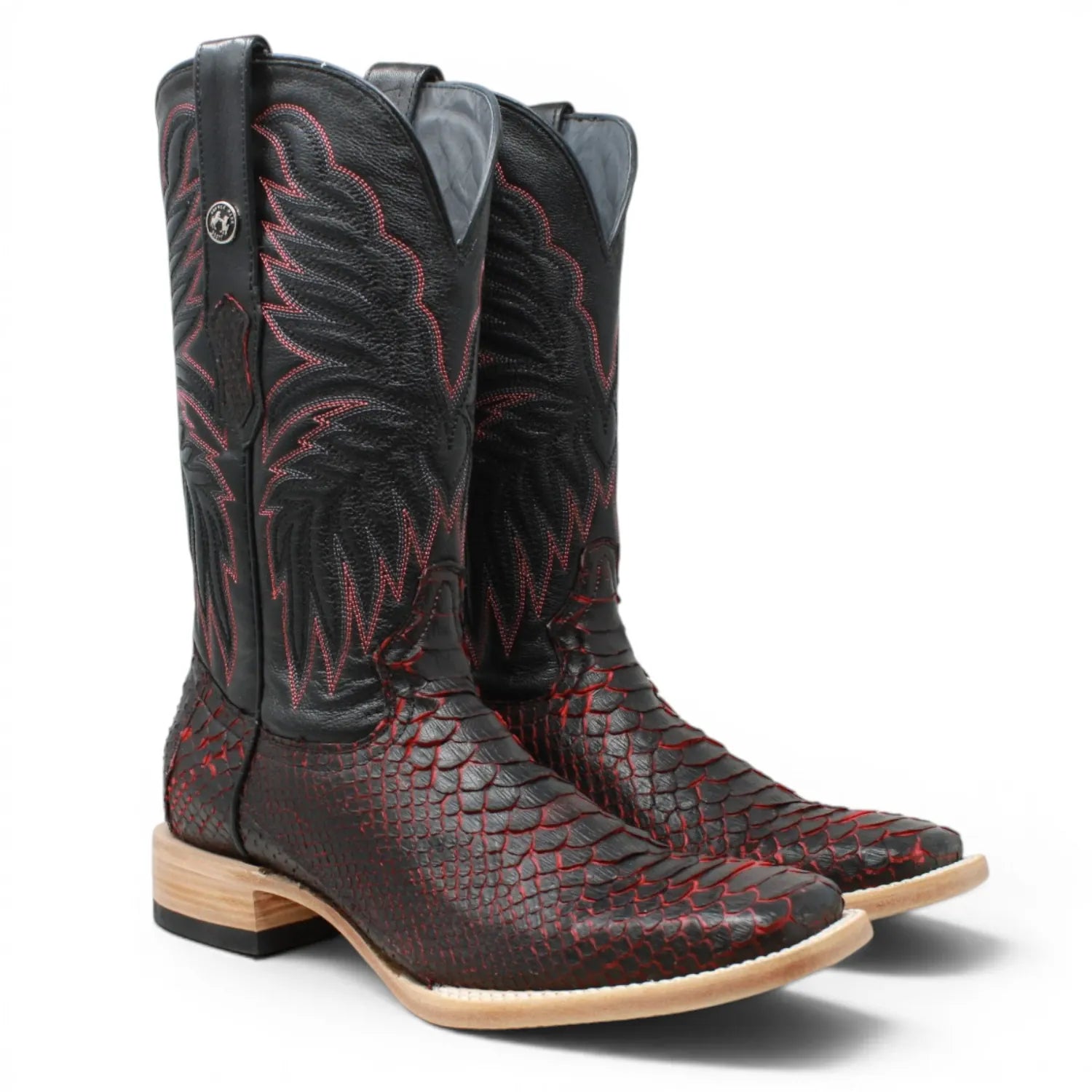 Tanner Mark Boots Boots Men's Genuine Python Square Toe Boots in Red with Black - Tanner Mark Boots