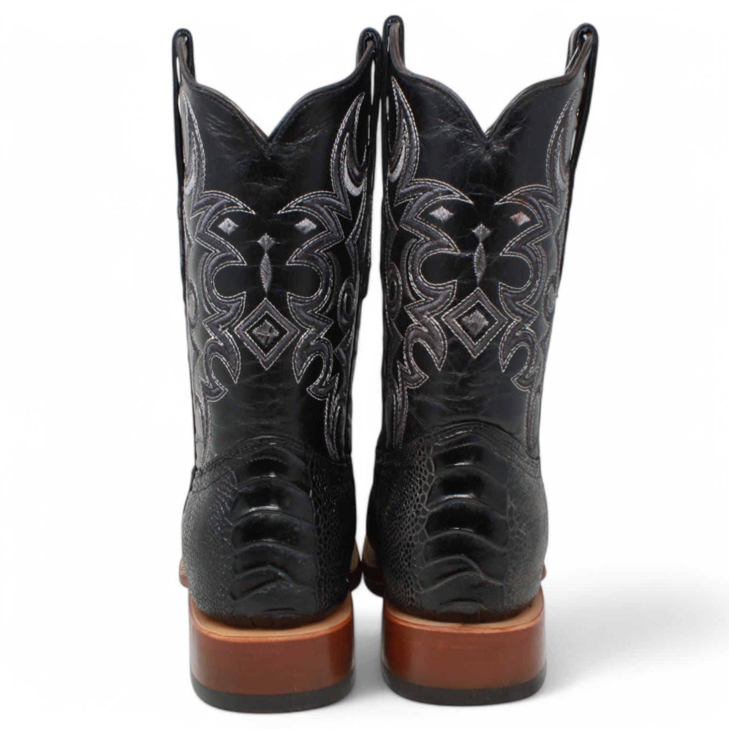 Tanner Mark Boots Boots Men's Ostrich Leg Print Square Toe Boots in Black - Rancho Semental