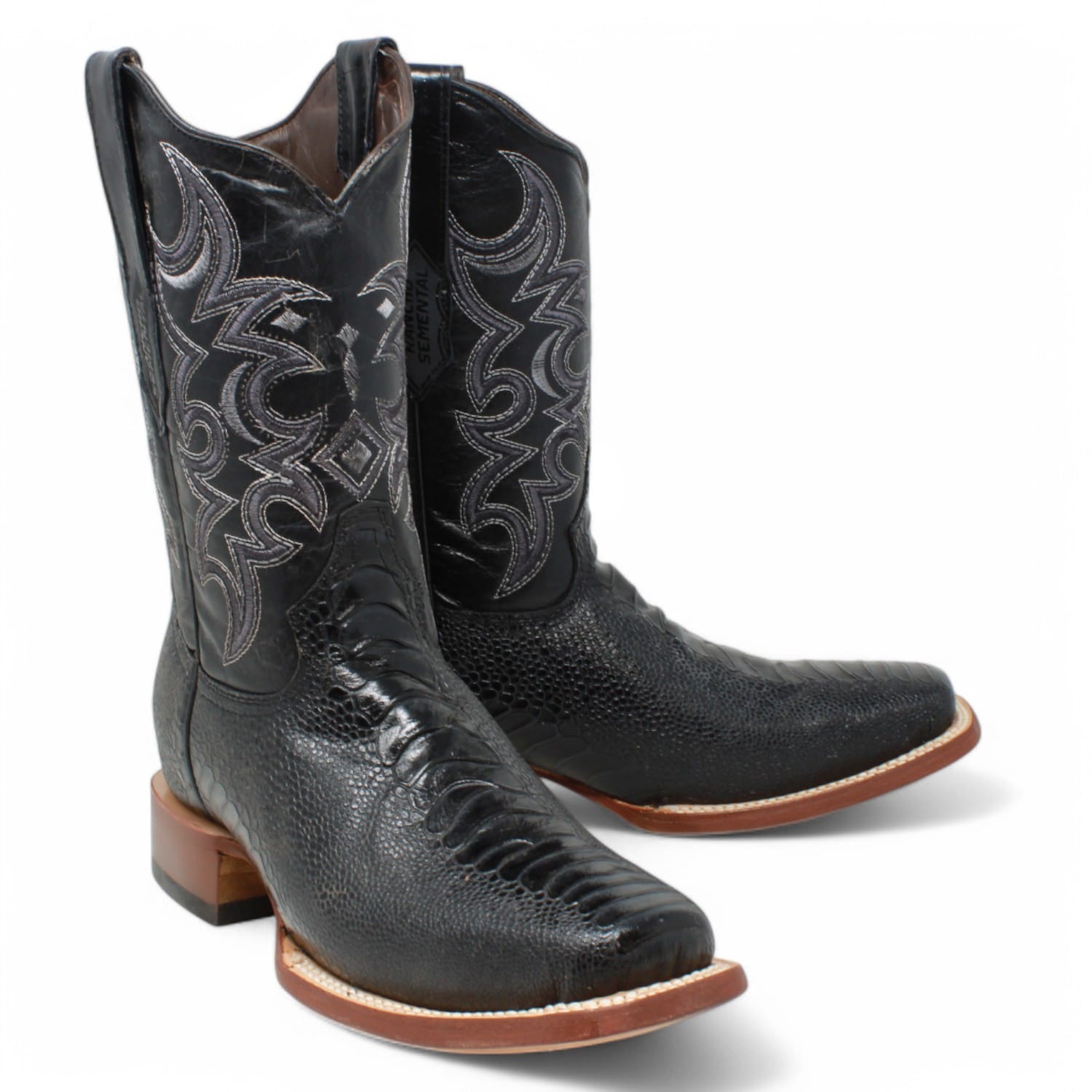 Tanner Mark Boots Boots Men's Ostrich Leg Print Square Toe Boots in Black - Rancho Semental