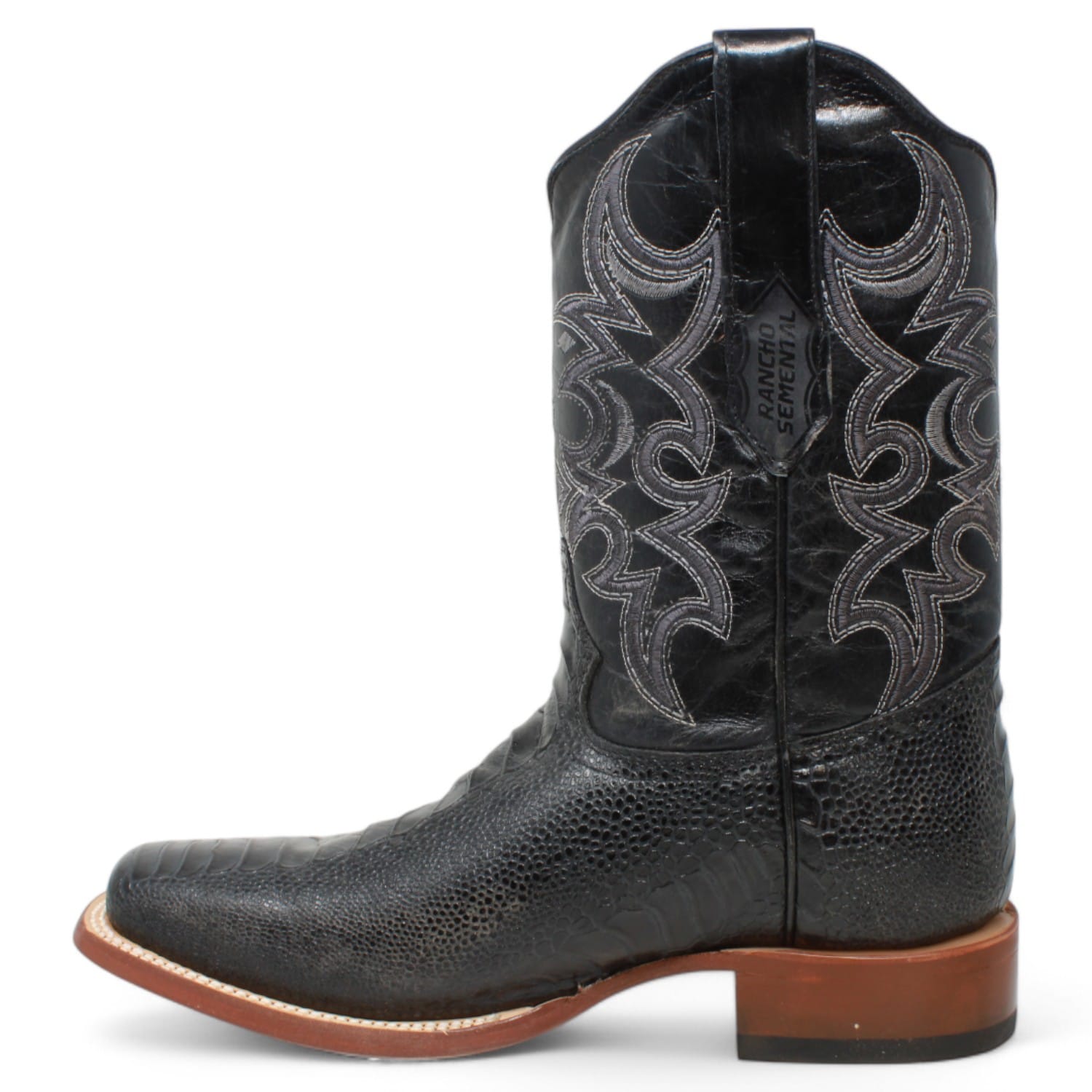 Tanner Mark Boots Boots Men's Ostrich Leg Print Square Toe Boots in Black - Rancho Semental