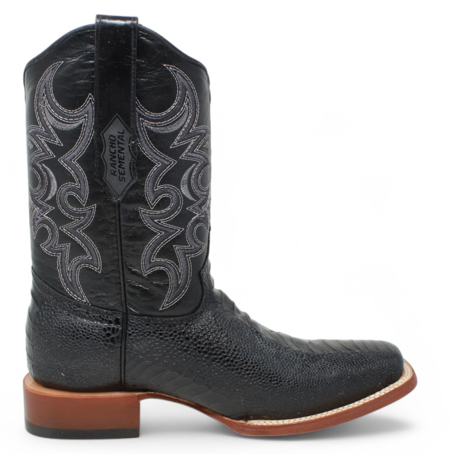 Tanner Mark Boots Boots Men's Ostrich Leg Print Square Toe Boots in Black - Rancho Semental