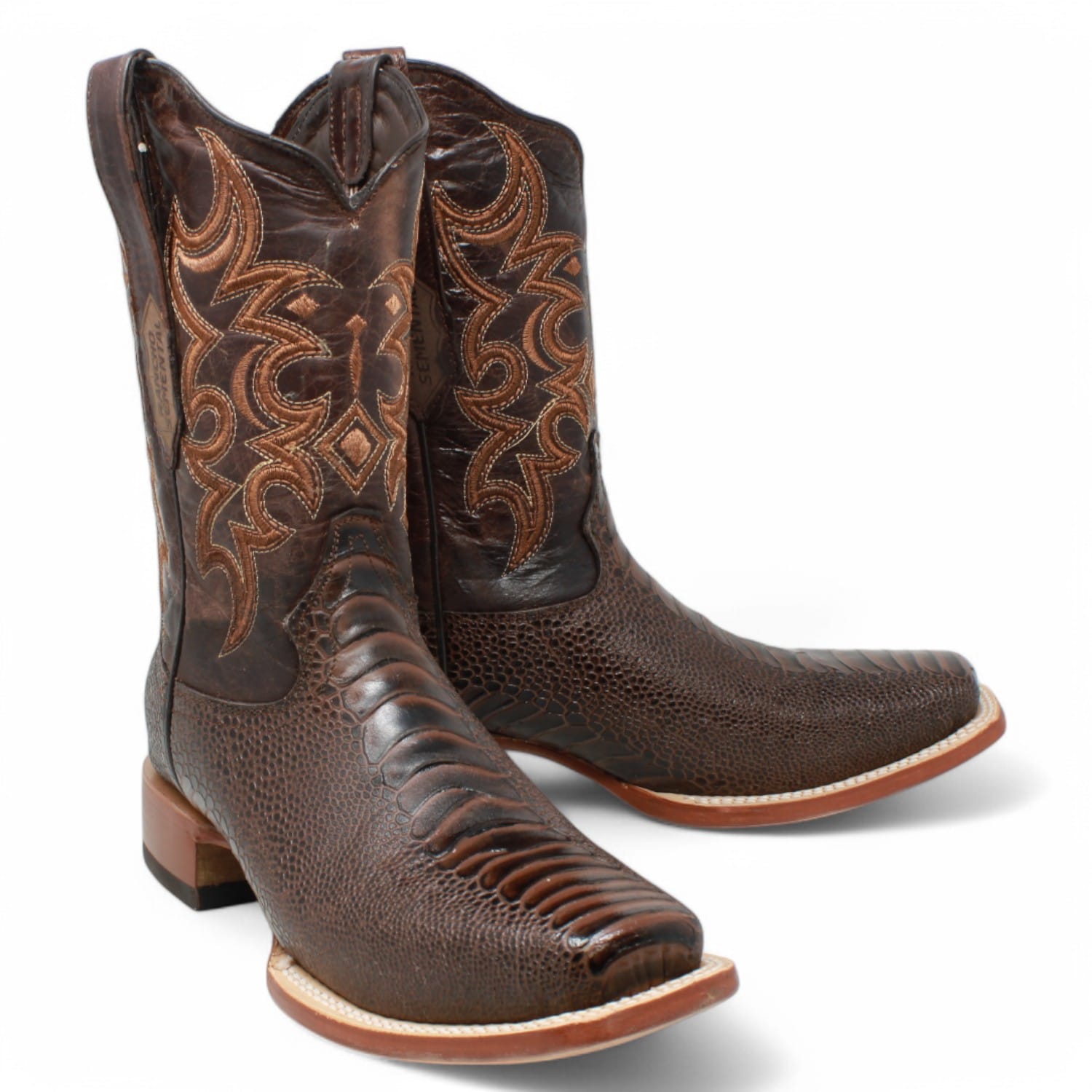 Tanner Mark Boots Boots Men's Ostrich Leg Print Square Toe Boots in Brown - Rancho Semental