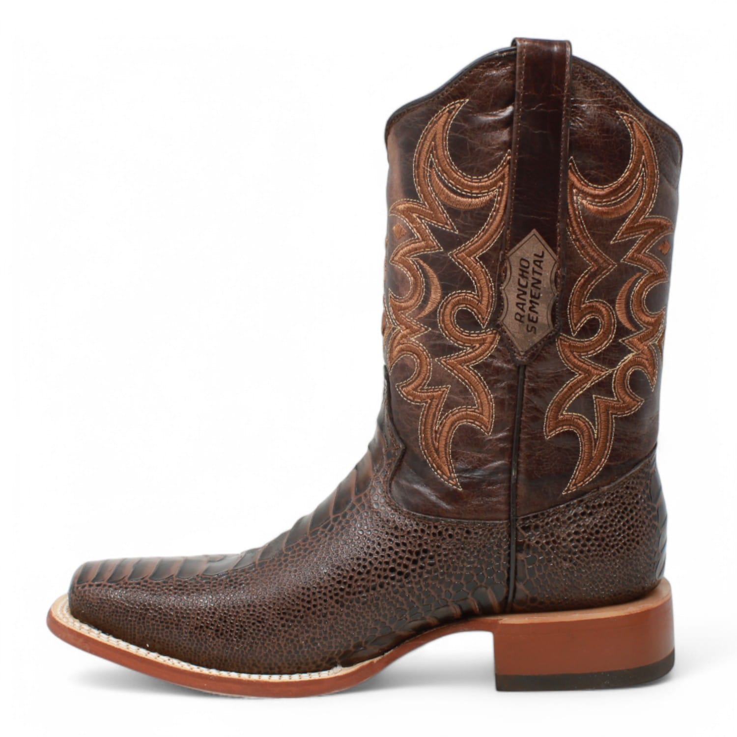 Tanner Mark Boots Boots Men's Ostrich Leg Print Square Toe Boots in Brown - Rancho Semental