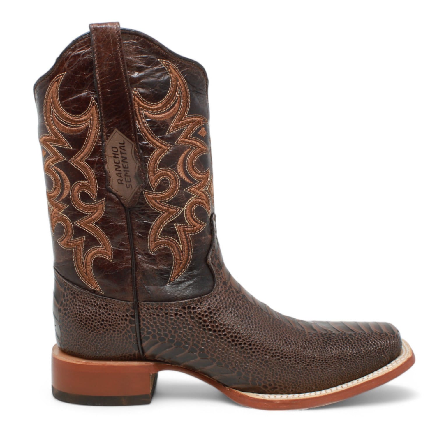 Tanner Mark Boots Boots Men's Ostrich Leg Print Square Toe Boots in Brown - Rancho Semental