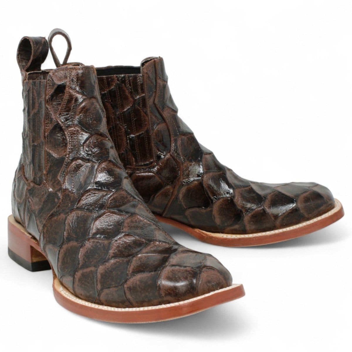 Tanner Mark Boots Boots Men's Pirarucu Print Square Toe Ankle Boots in Brown - Tanner Mark Boots