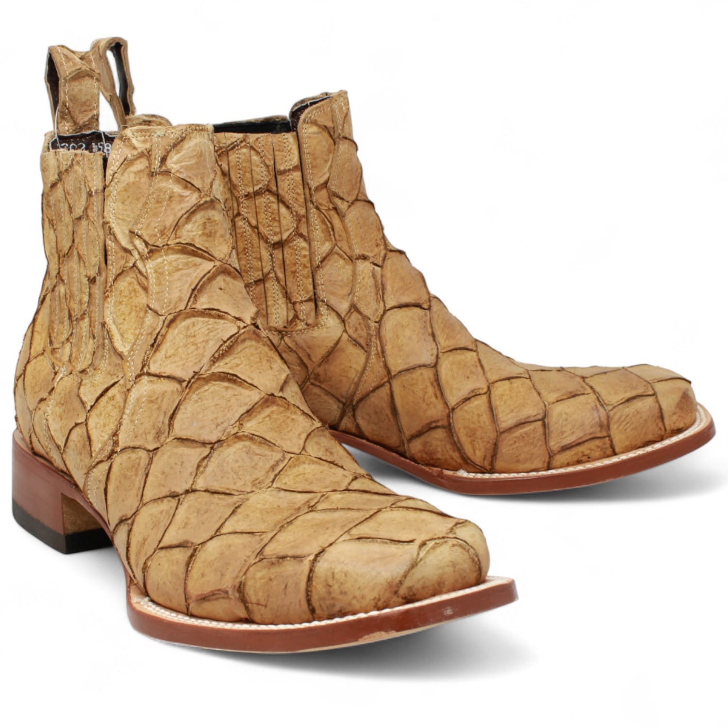 Tanner Mark Boots Boots Men's Pirarucu Print Square Toe Ankle Boots in Sand - Tanner Mark Boots