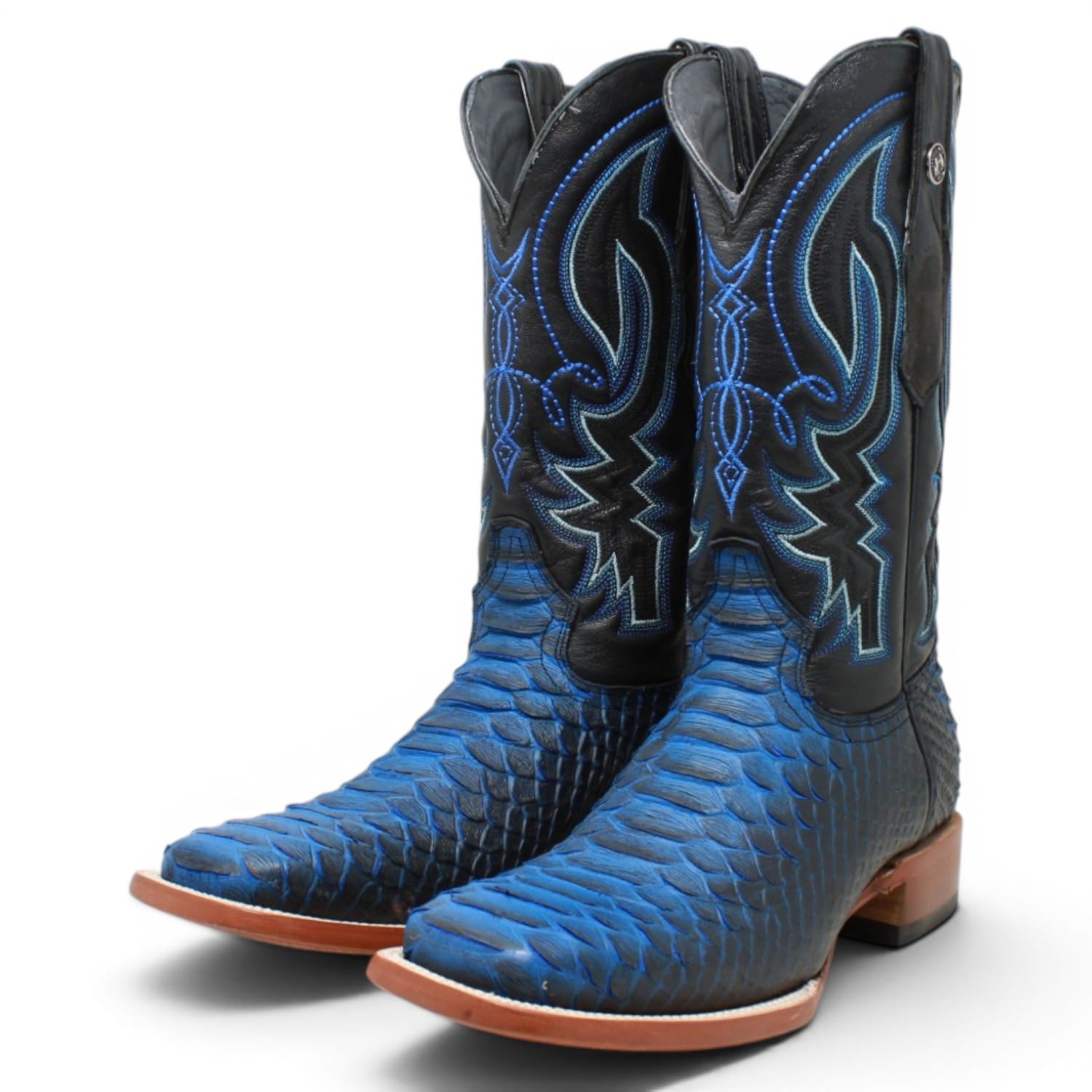 Tanner Mark Boots Boots Men's Python Print Square Toe Boots in Black and Blue - Tanner Mark Boots