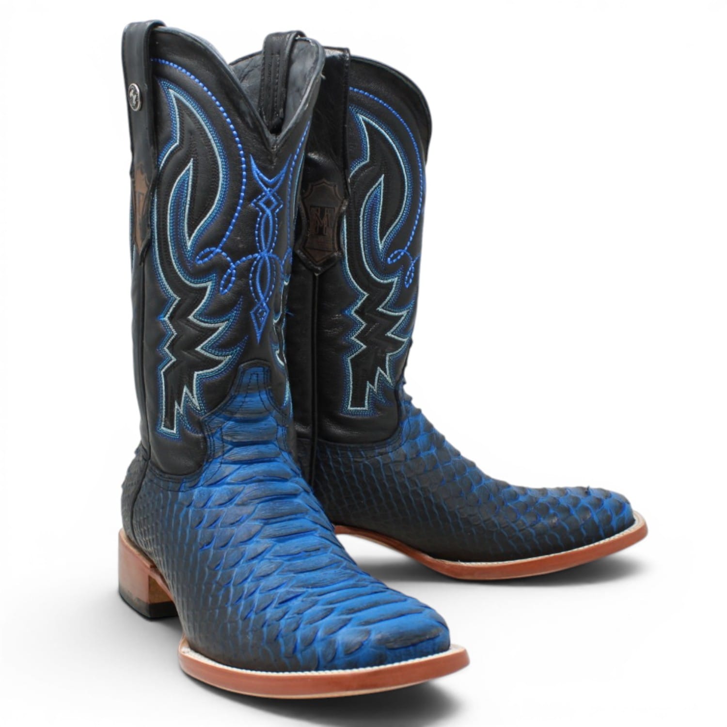 Tanner Mark Boots Boots Men's Python Print Square Toe Boots in Black and Blue - Tanner Mark Boots