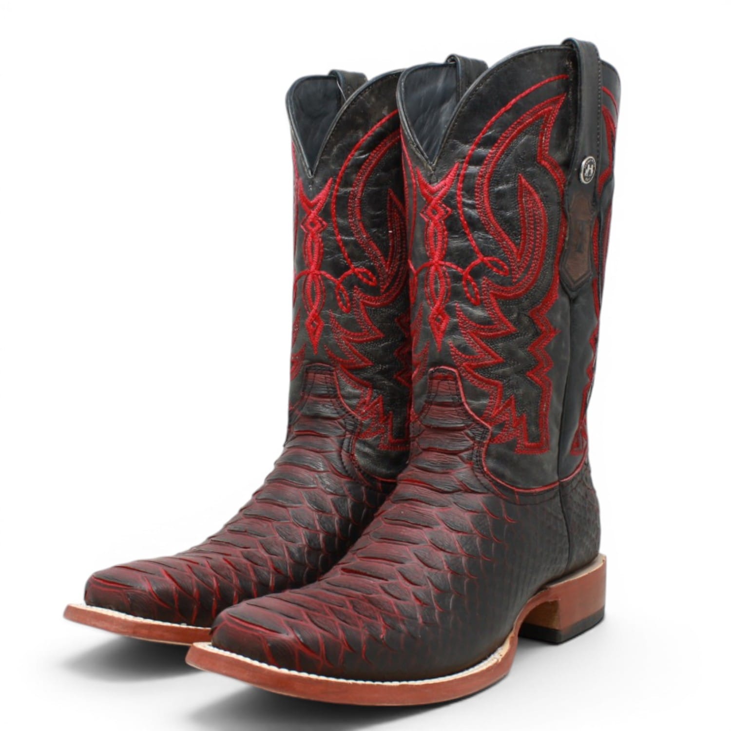 Tanner Mark Boots Boots Men's Python Print Square Toe Boots in Black and Red - Tanner Mark Boots