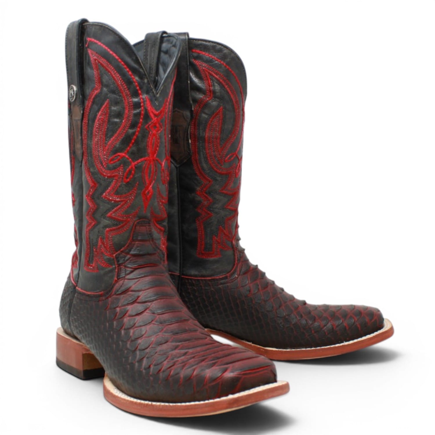Tanner Mark Boots Boots Men's Python Print Square Toe Boots in Black and Red - Tanner Mark Boots