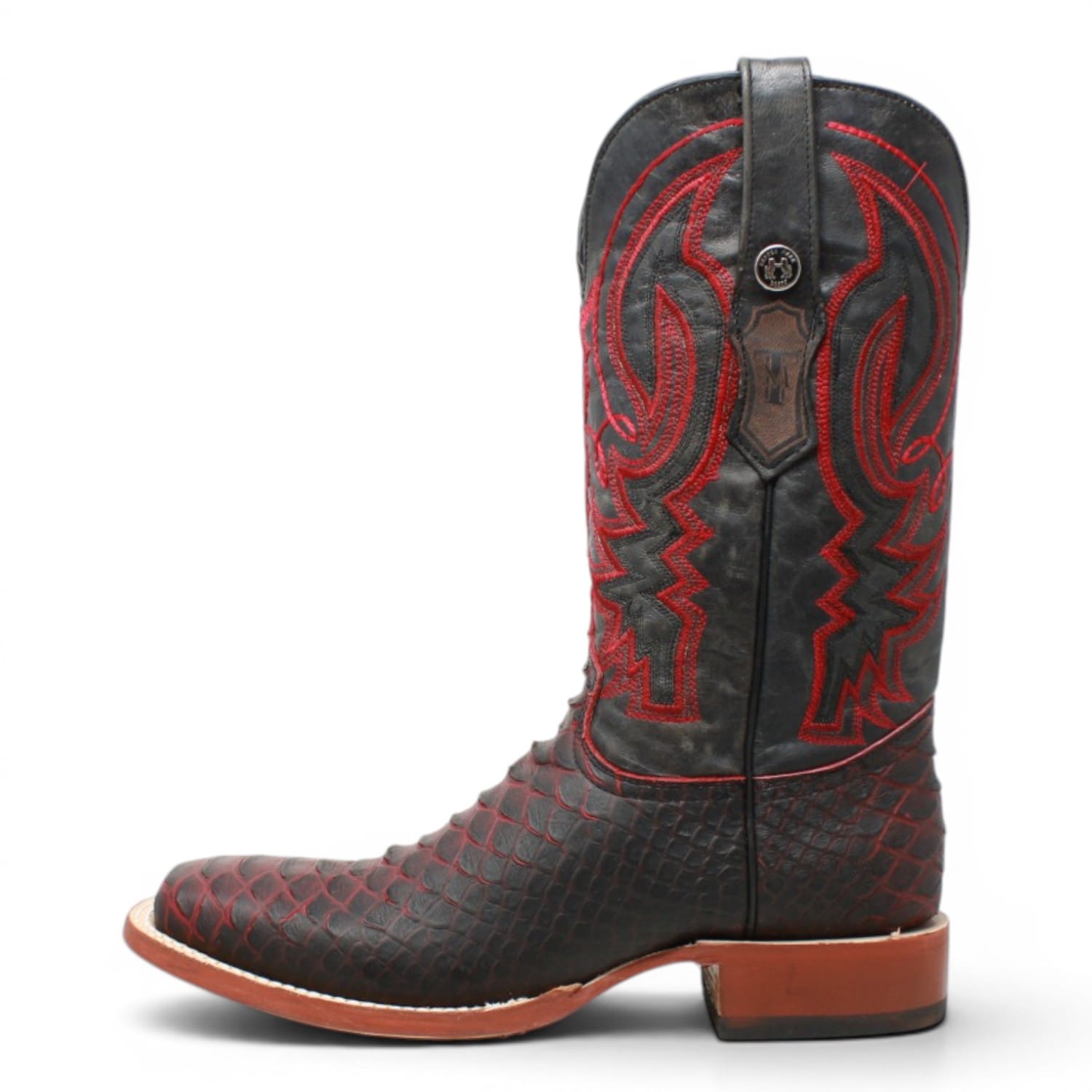 Tanner Mark Boots Boots Men's Python Print Square Toe Boots in Black and Red - Tanner Mark Boots