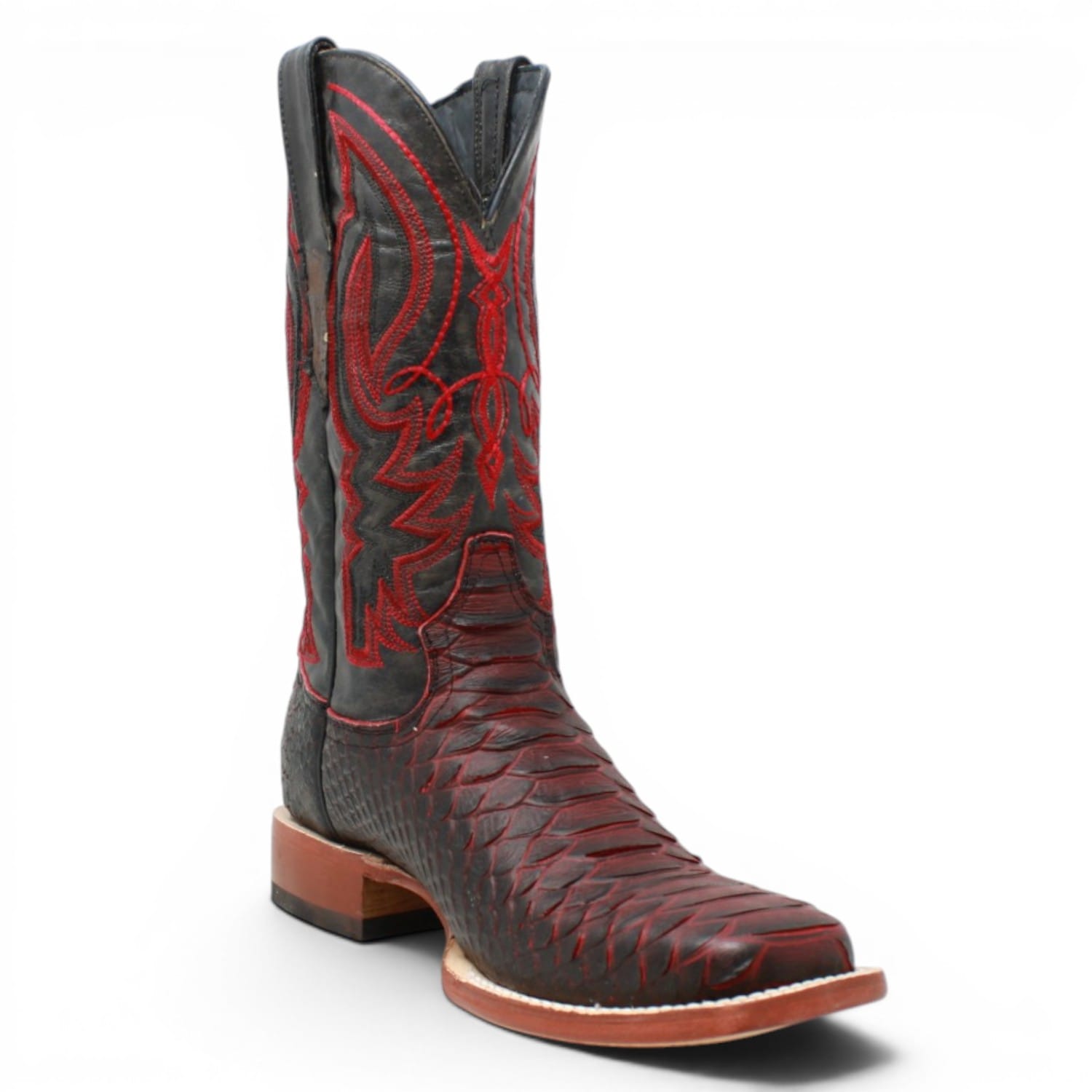 Tanner Mark Boots Boots Men's Python Print Square Toe Boots in Black and Red - Tanner Mark Boots