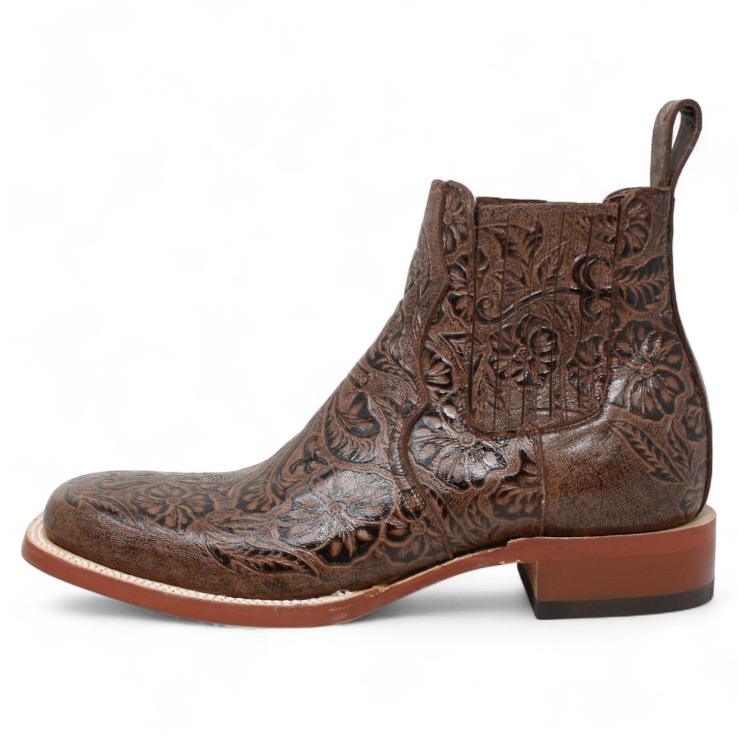 Tanner Mark Boots Boots Men's Tooled Leather Square Toe Ankle Boots in Brown - Tanner Mark Boots