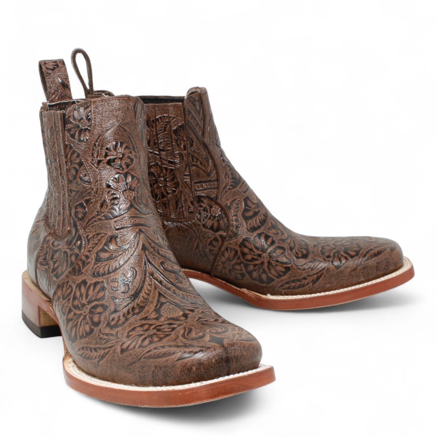 Tanner Mark Boots Boots Men's Tooled Leather Square Toe Ankle Boots in Brown - Tanner Mark Boots