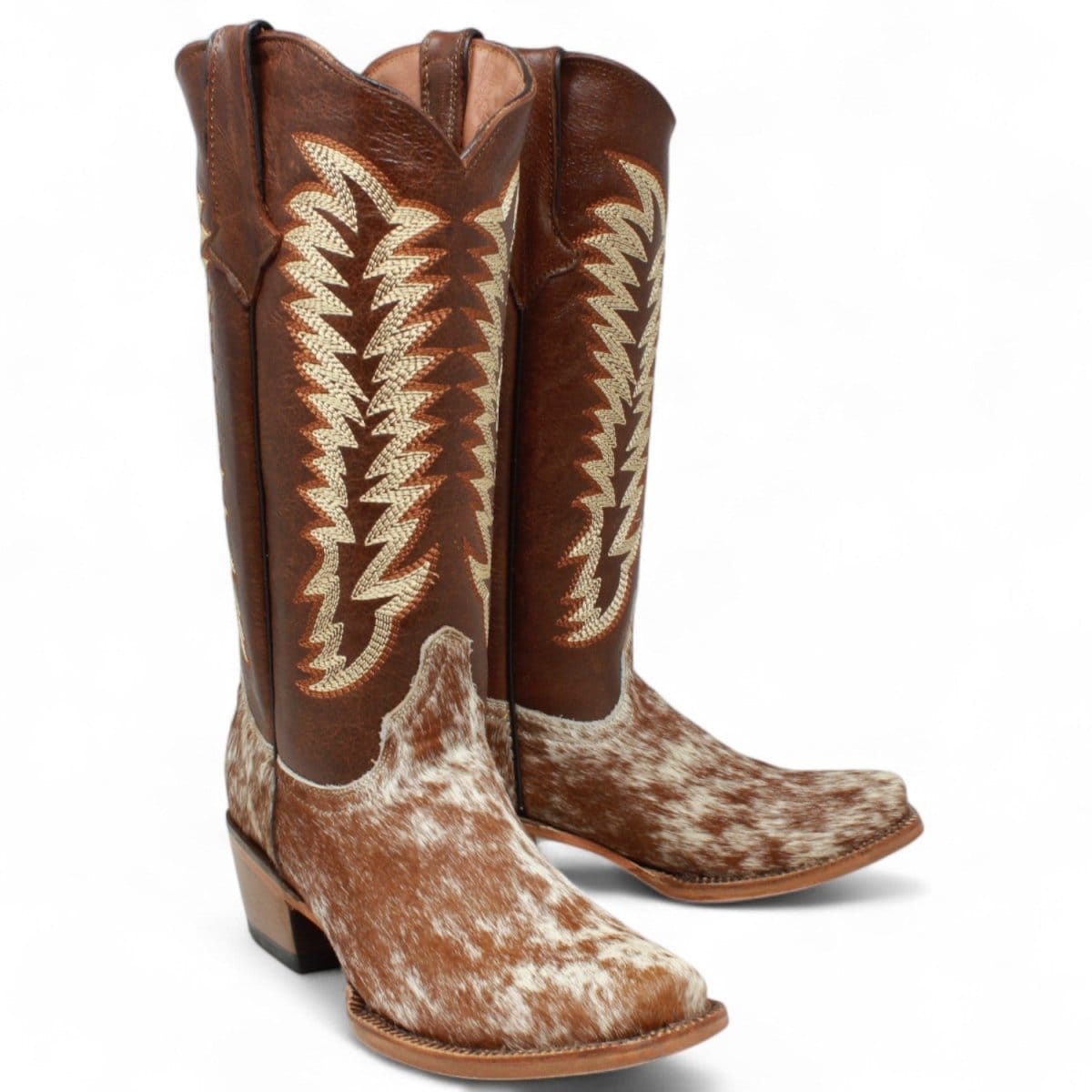 Tanner Mark Boots Boots Women's Annie Full Hair On Cowhide Leather Square Toe Boots in Brown & White - Tanner Mark Boots