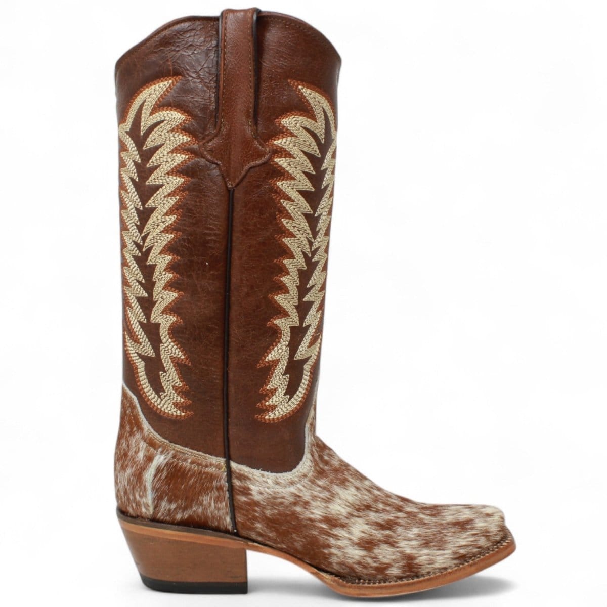 Tanner Mark Boots Boots Women's Annie Full Hair On Cowhide Leather Square Toe Boots in Brown & White - Tanner Mark Boots