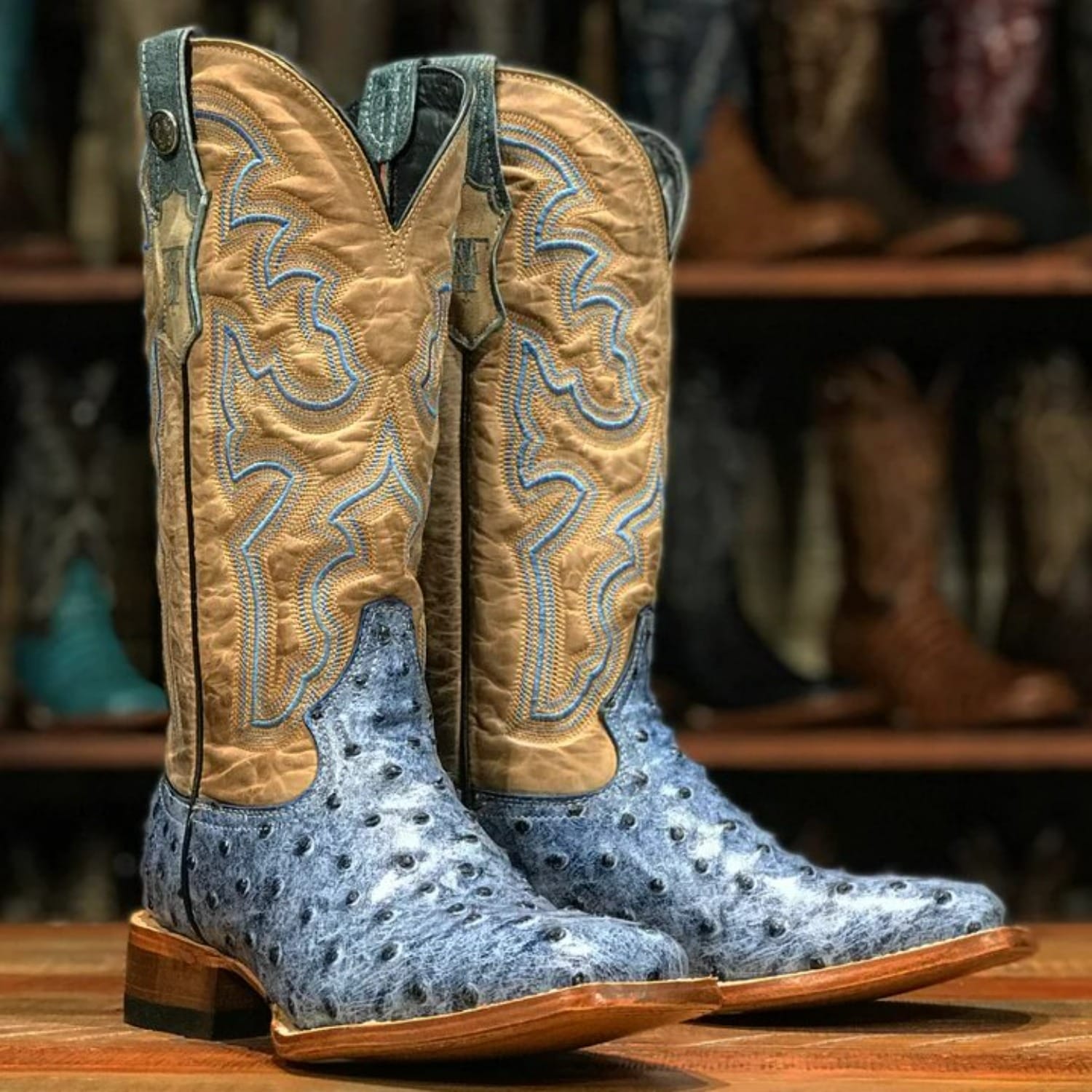 Tanner Mark Boots Boots Women's Bluebonnet Ostrich Print Square Toe Tall Boots in Blue Denim - Tanner Mark Boots