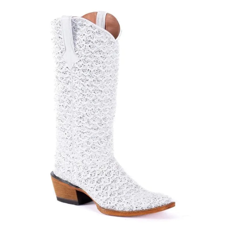 Tanner Mark Boots Boots Women's Dragon Leather Square Toe Boots in White & Silver - Tanner Mark Boots