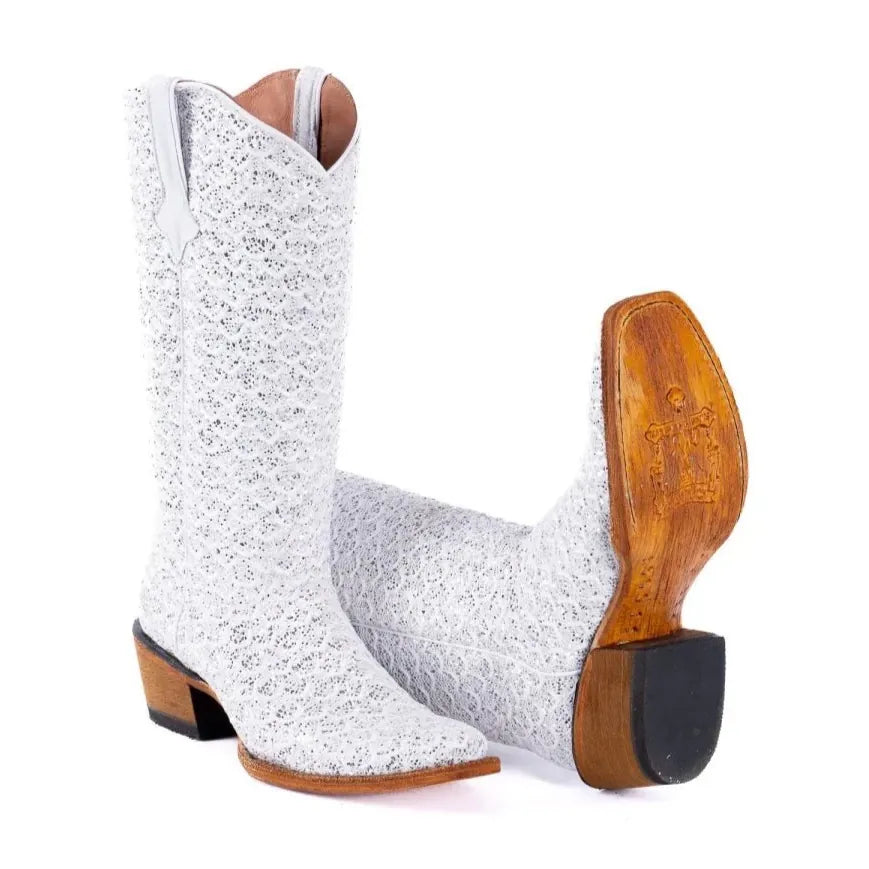 Tanner Mark Boots Boots Women's Dragon Leather Square Toe Boots in White & Silver - Tanner Mark Boots