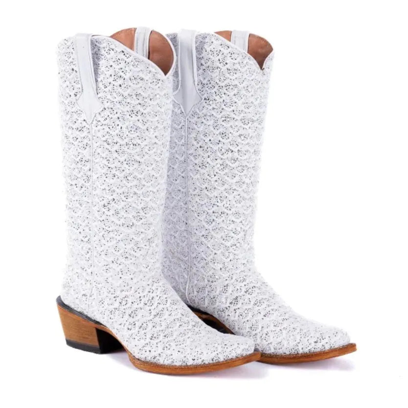 Tanner Mark Boots Boots Women's Dragon Leather Square Toe Boots in White & Silver - Tanner Mark Boots