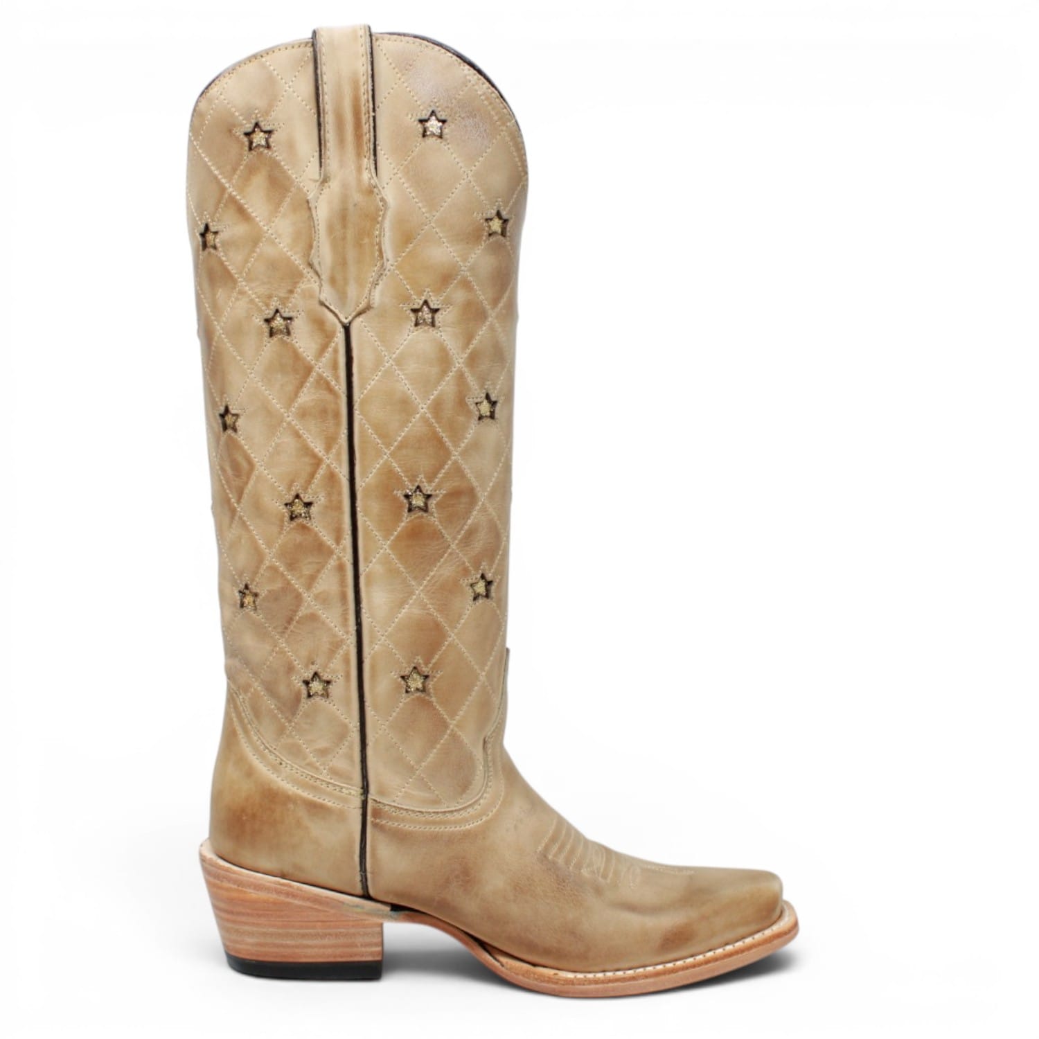 Women's Genuine Leather with Diamond Stitch & Star Inlay Snip Toe Boots in Sand - Tanner Mark Boots