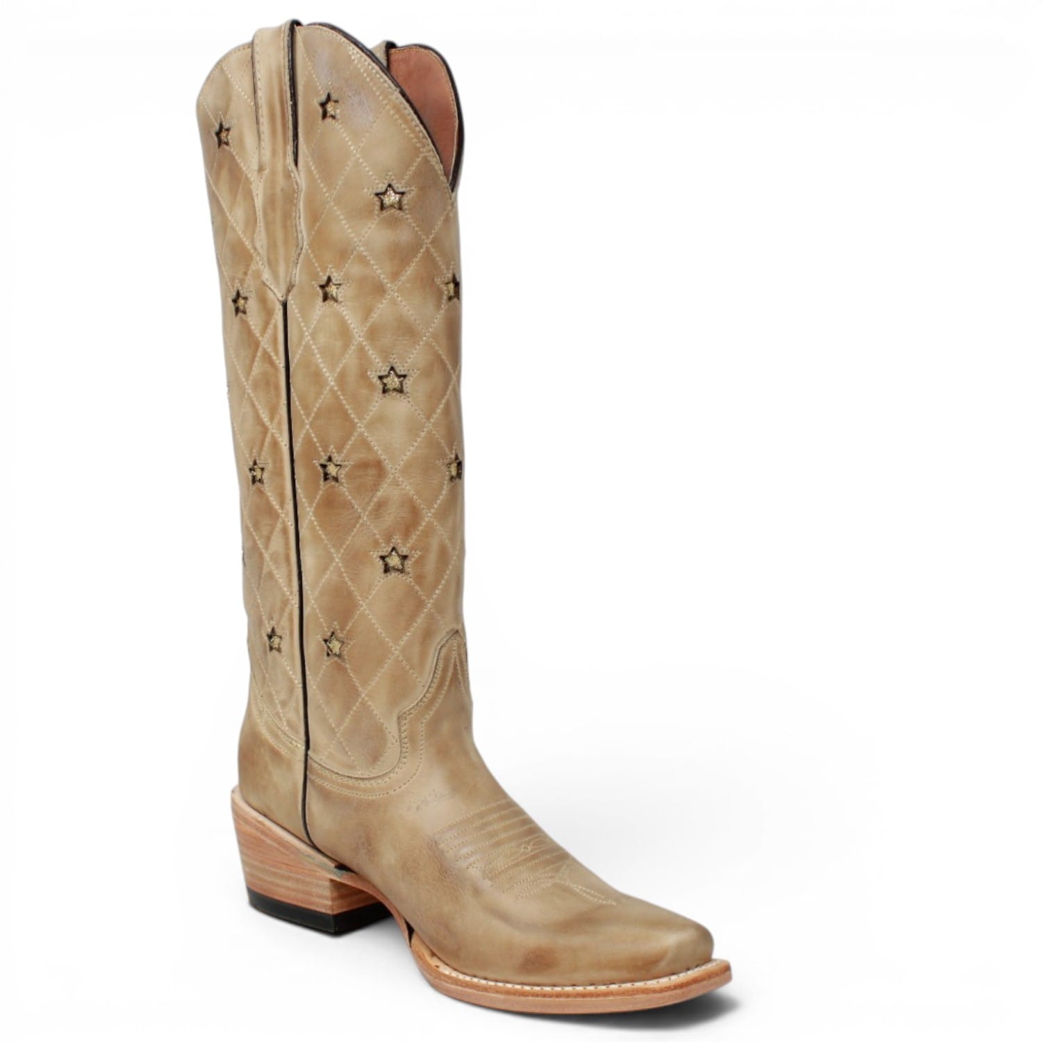 Women's Genuine Leather with Diamond Stitch & Star Inlay Snip Toe Boots in Sand - Tanner Mark Boots