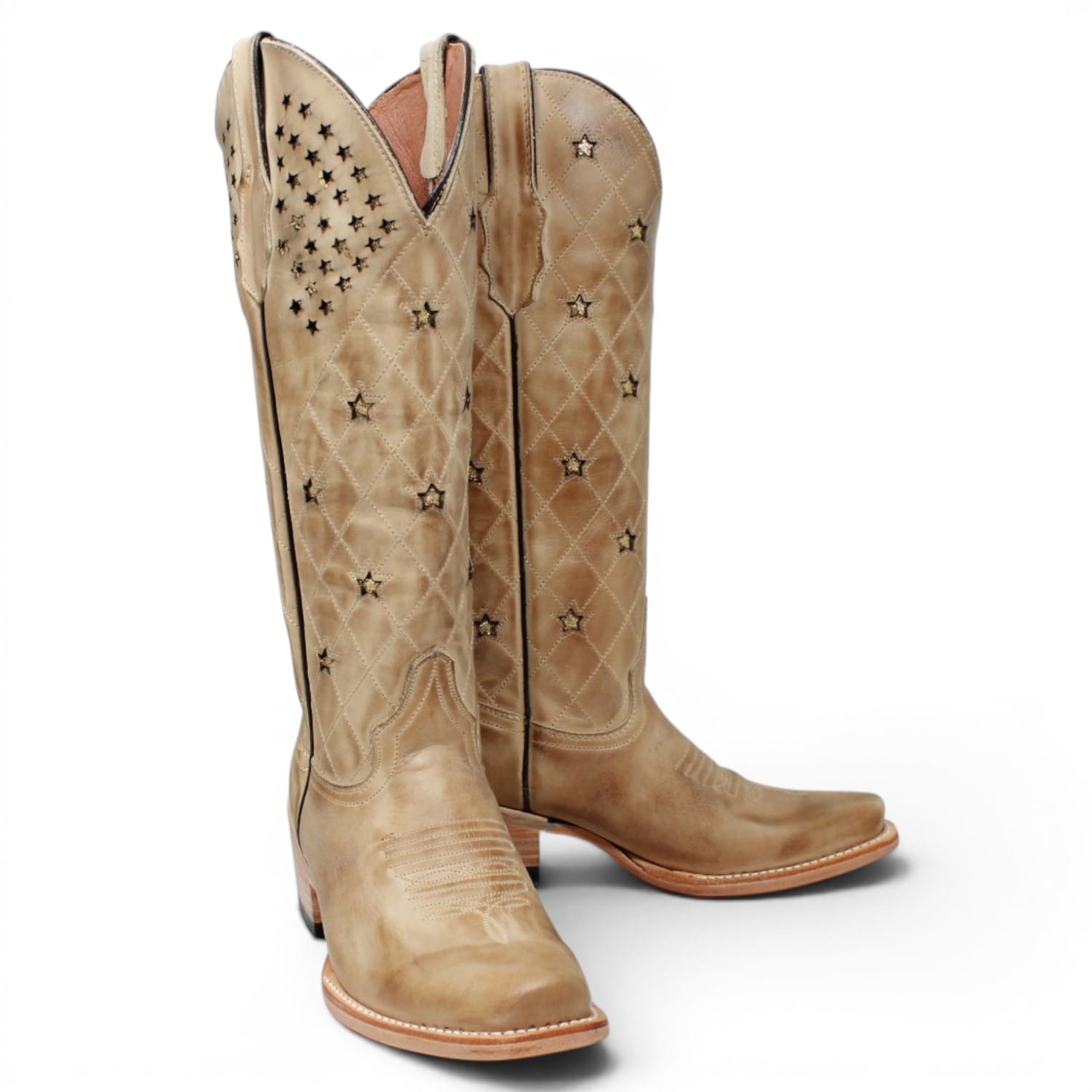 Women's Genuine Leather with Diamond Stitch & Star Inlay Snip Toe Boots in Sand - Tanner Mark Boots