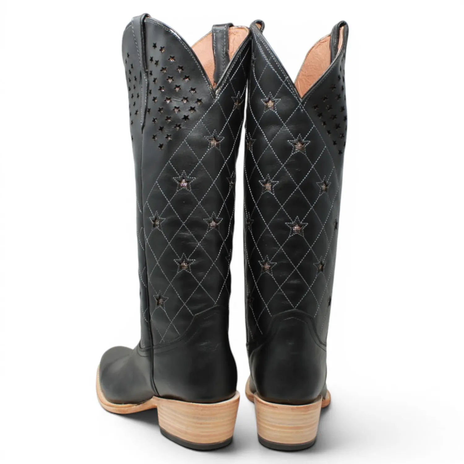 Women's Leather with Diamond Stitch & Star Inlay Square Toe Boots in Black - Tanner Mark Boots