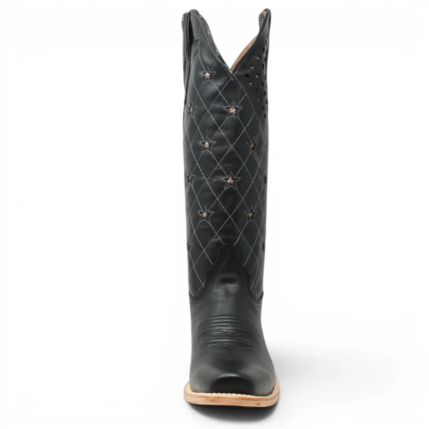 Women's Leather with Diamond Stitch & Star Inlay Square Toe Boots in Black - Tanner Mark Boots