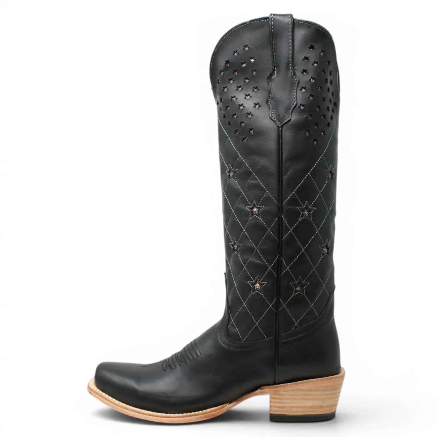 Women's Leather with Diamond Stitch & Star Inlay Square Toe Boots in Black - Tanner Mark Boots
