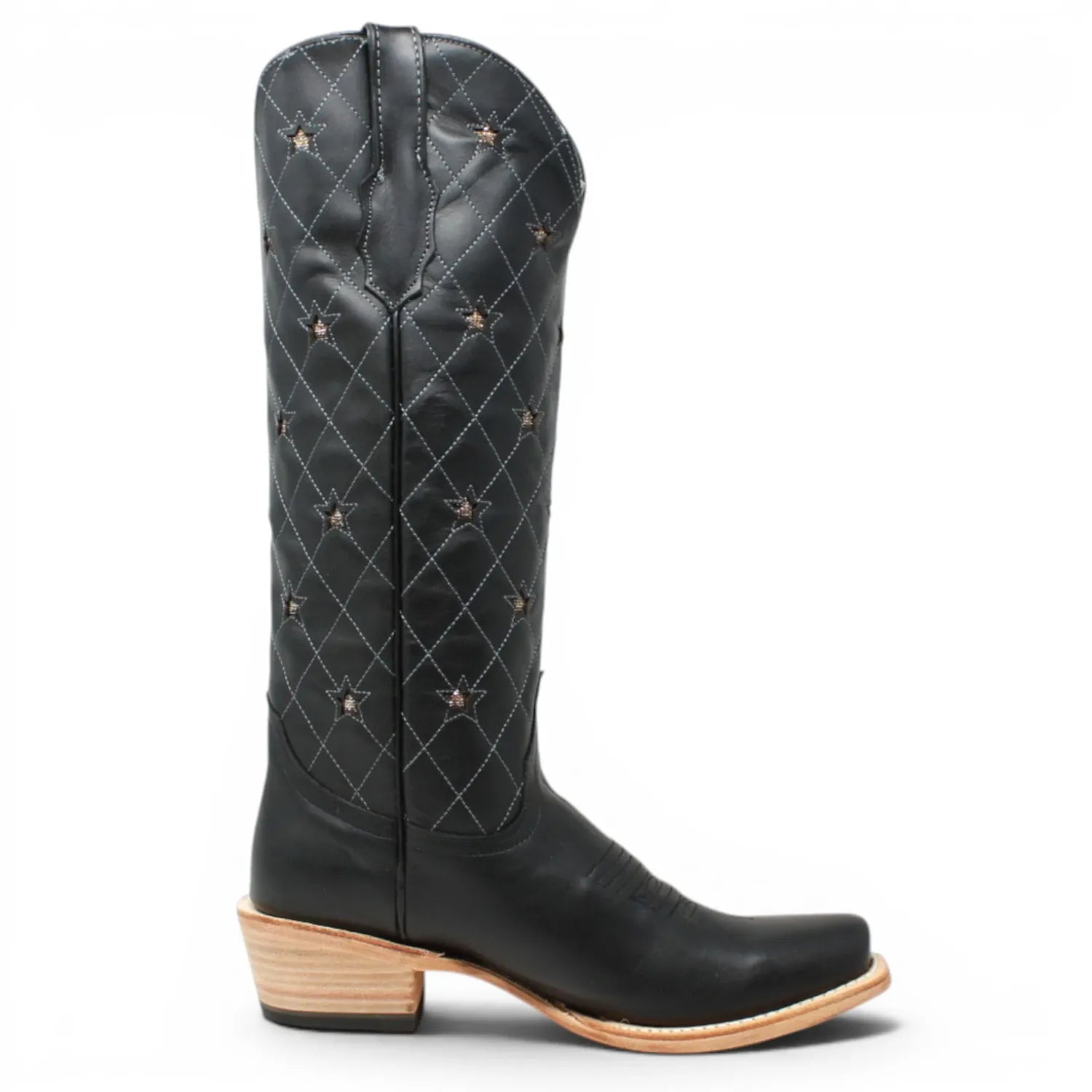Women's Leather with Diamond Stitch & Star Inlay Square Toe Boots in Black - Tanner Mark Boots