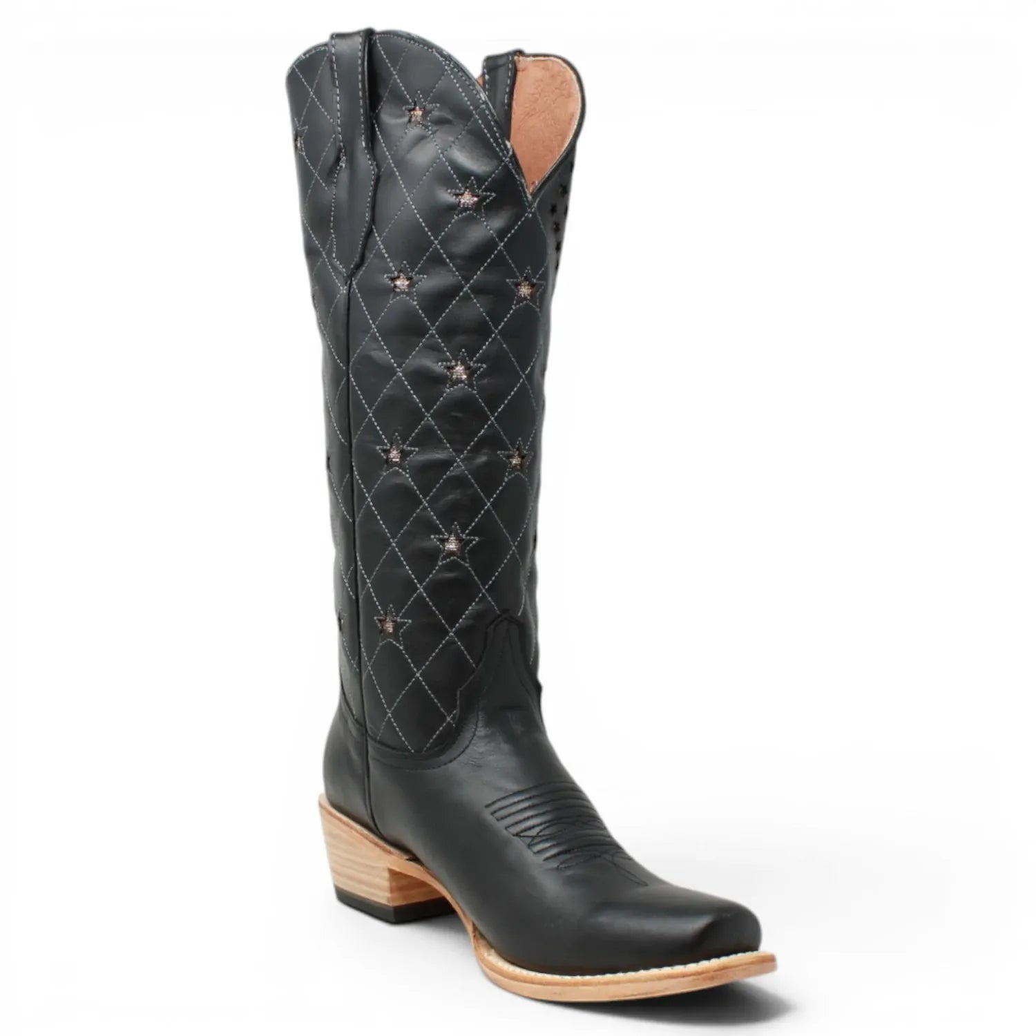 Women's Leather with Diamond Stitch & Star Inlay Square Toe Boots in Black - Tanner Mark Boots