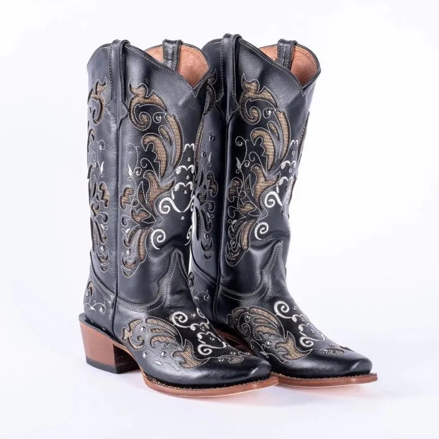 Tanner Mark Boots Boots Women's Hand Tooled Leather Square Toe Boots in Black & Gold - Tanner Mark Boots
