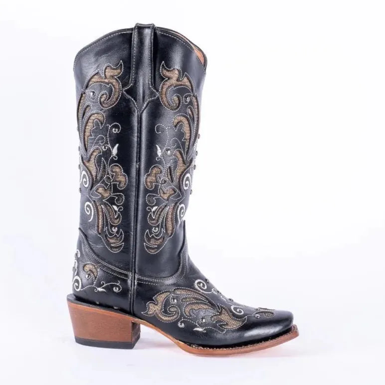 Tanner Mark Boots Boots Women's Hand Tooled Leather Square Toe Boots in Black & Gold - Tanner Mark Boots