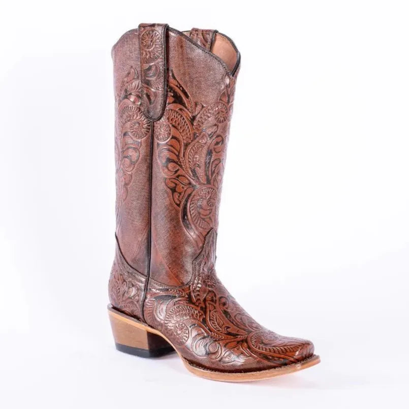 Tanner Mark Boots Boots Women's Hand Tooled Leather Square Toe Boots in Cognac - Tanner Mark Boots