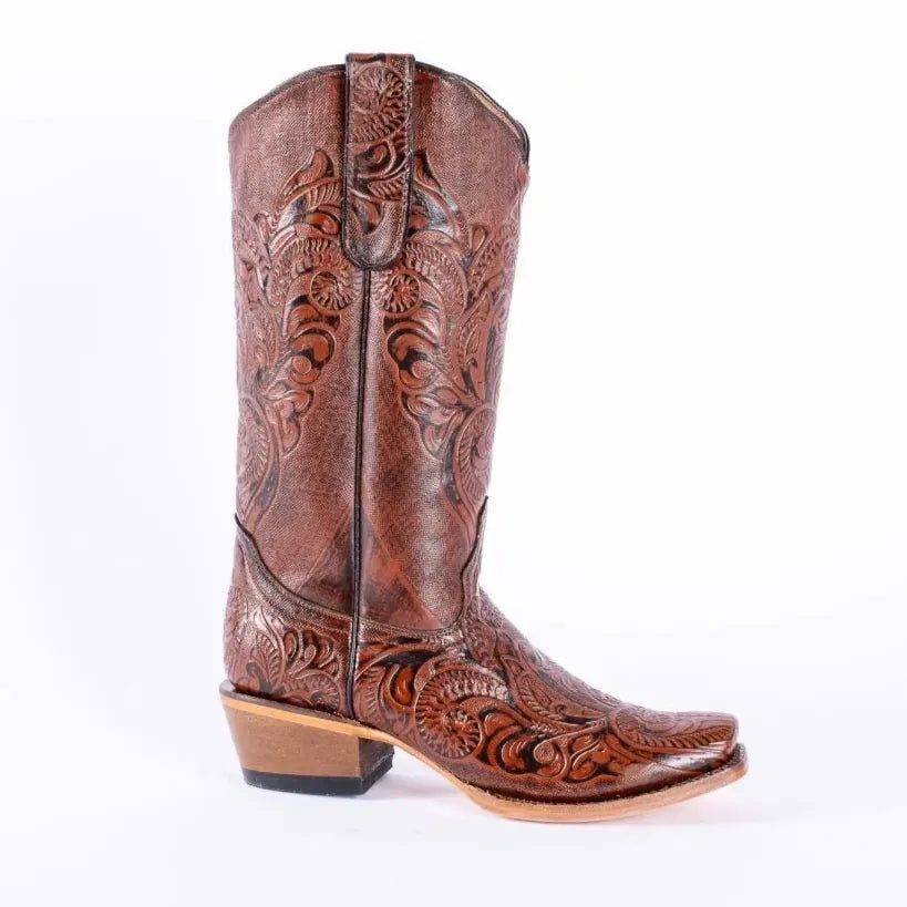 Tanner Mark Boots Boots Women's Hand Tooled Leather Square Toe Boots in Cognac - Tanner Mark Boots