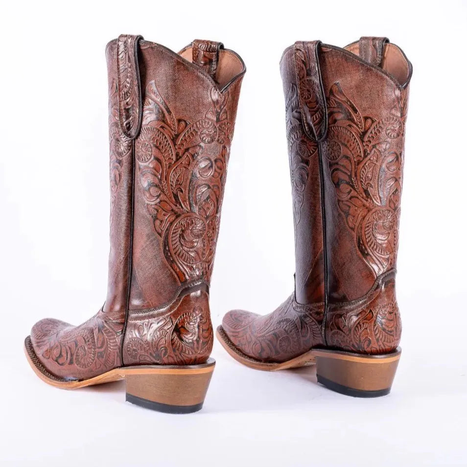 Tanner Mark Boots Boots Women's Hand Tooled Leather Square Toe Boots in Cognac - Tanner Mark Boots