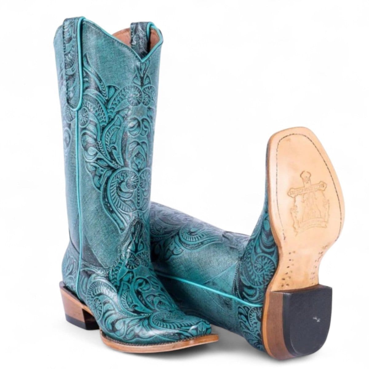 Tanner Mark Boots Boots Women's Hand Tooled Leather Square Toe Boots in Turquoise - Tanner Mark Boots