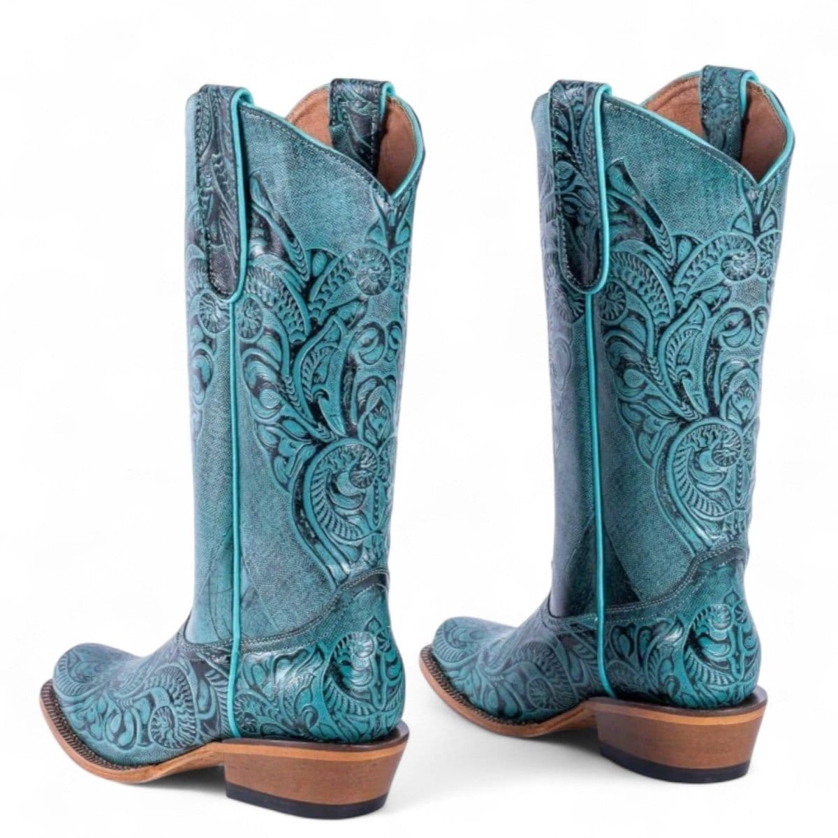 Tanner Mark Boots Boots Women's Hand Tooled Leather Square Toe Boots in Turquoise - Tanner Mark Boots